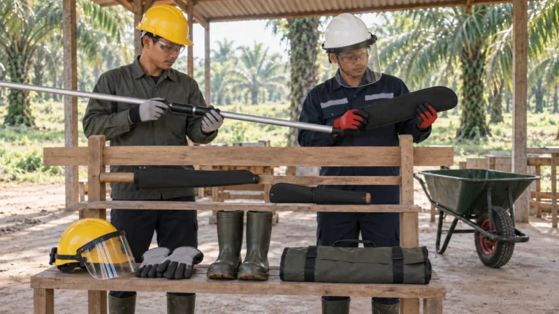 Ilustrasi AI: dua pekerja berhelm, berkacamata pelindung, dan bersarung tangan memeriksa galah aluminium panjang dan egrek bersarung hitam di atas rak kayu; di rak bawah tersusun dodos, helm, sarung tangan, dan sepatu bot