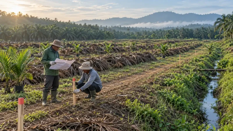 Ilustrasi AI: dua pekerja di lahan tanam ulang; satu membaca peta, satu menancapkan patok berujung merah di antara rumpukan pelepah dan sawit muda, dengan anak sungai bervegetasi di kanan