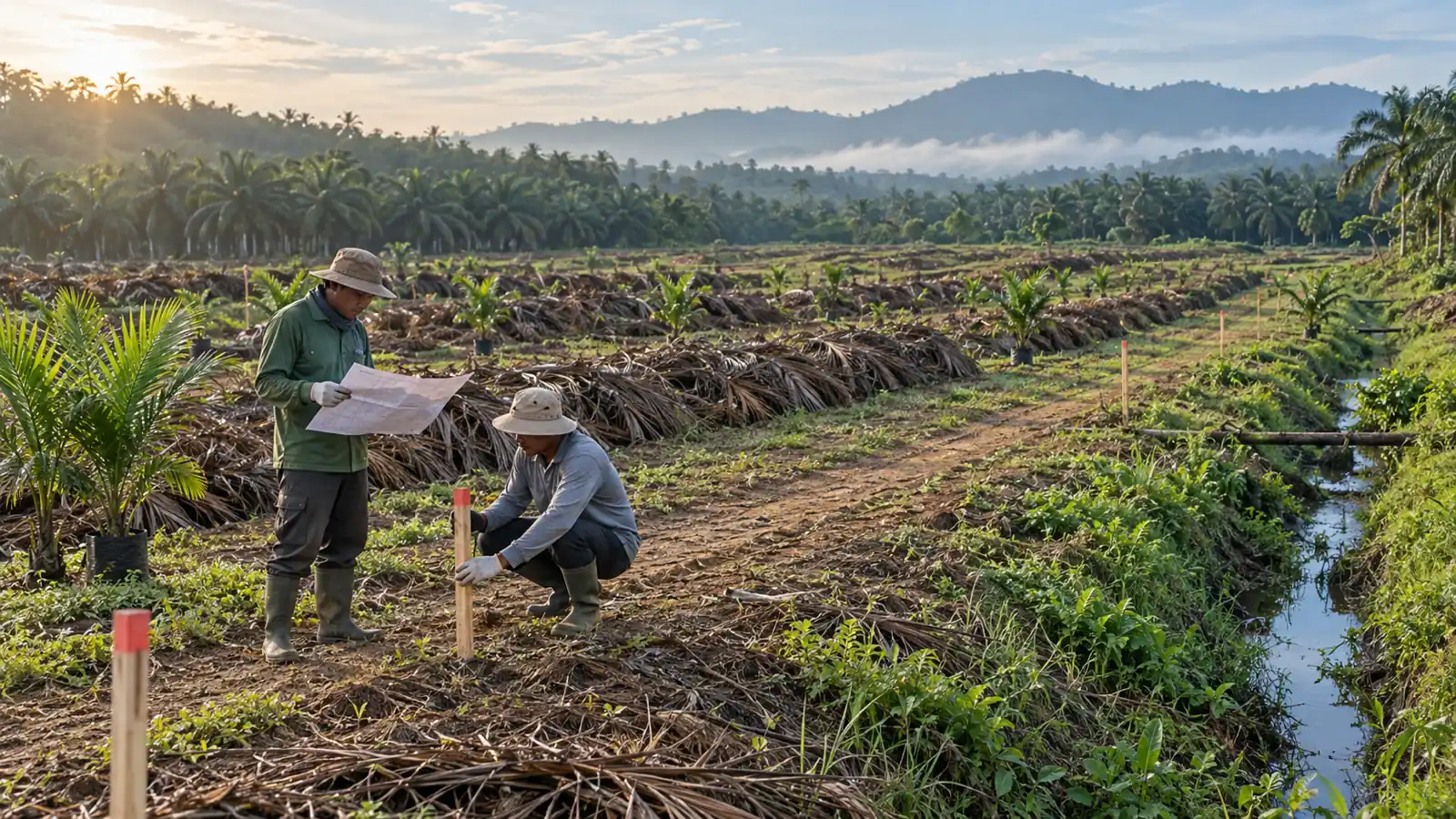 Ilustrasi AI: dua pekerja di lahan tanam ulang; satu membaca peta, satu menancapkan patok berujung merah di antara rumpukan pelepah dan sawit muda, dengan anak sungai bervegetasi di kanan