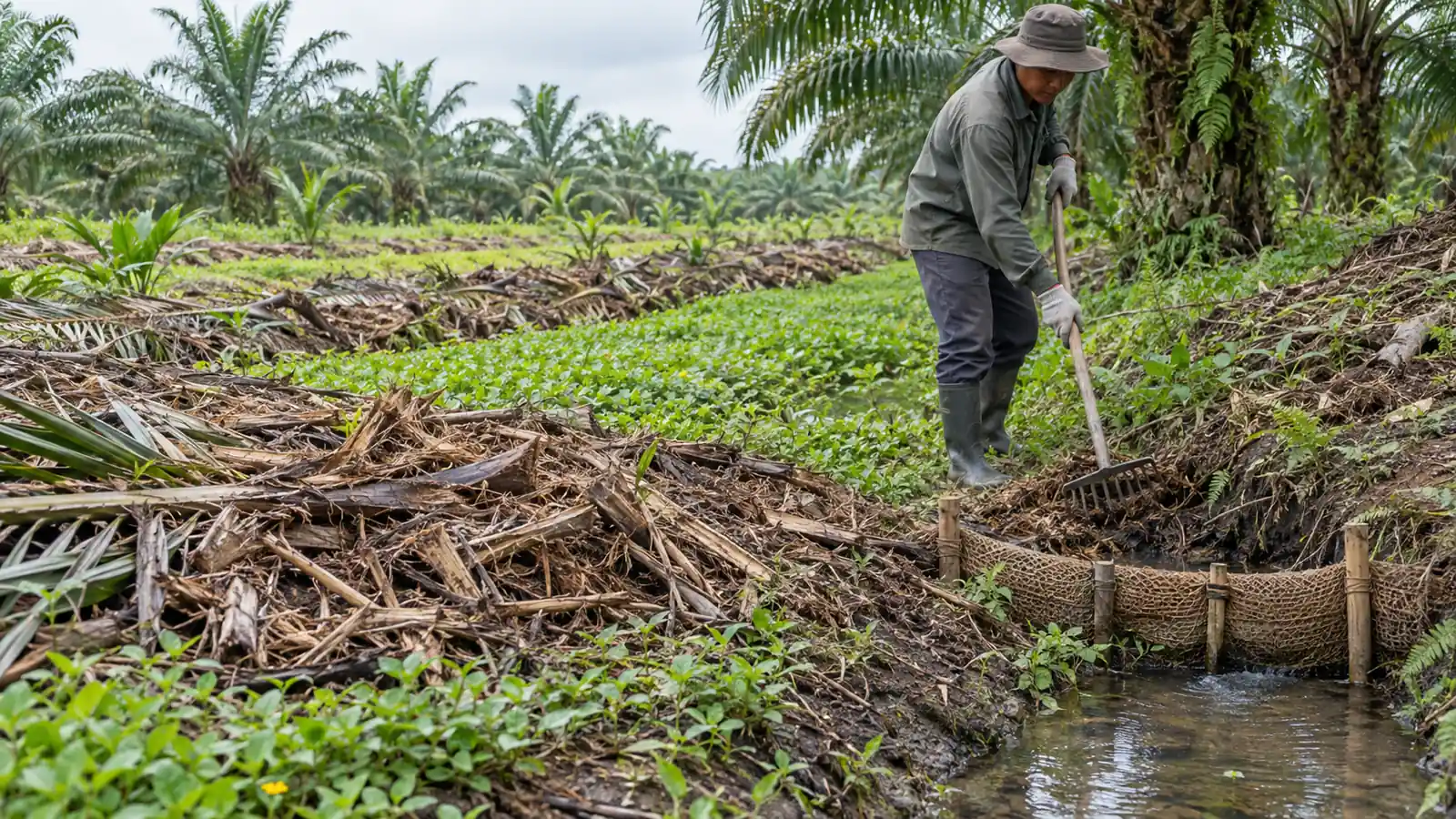 Ilustrasi AI: pekerja menata sisa pelepah dengan garu di samping penahan erosi dari jaring sabut dan patok bambu di tepi saluran kecil, sementara kacangan tumbuh di jalur tanam