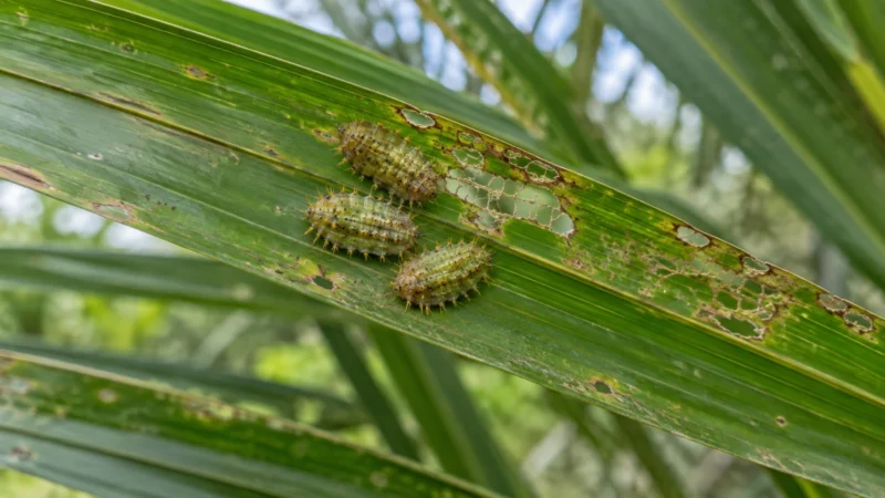 Ilustrasi AI: tiga larva berbentuk pipih dengan duri pendek pada anak daun sawit; helaian di dekatnya berlubang dan menyisakan jaringan tipis.